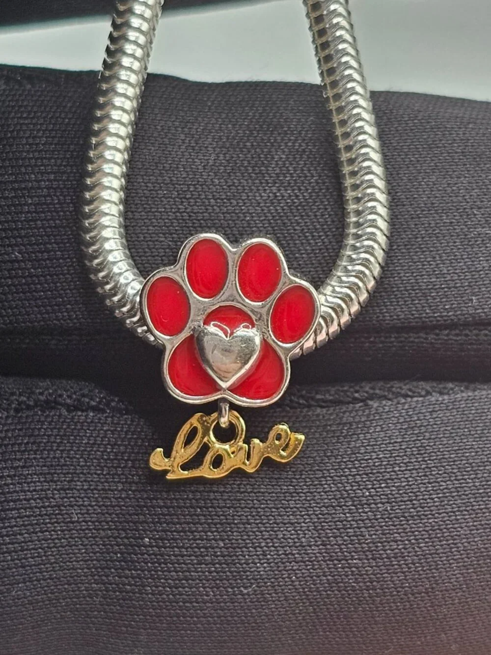 Sterling Silver 925 Rhodium Plated Red Paw with Heart and Dangling Love Charm